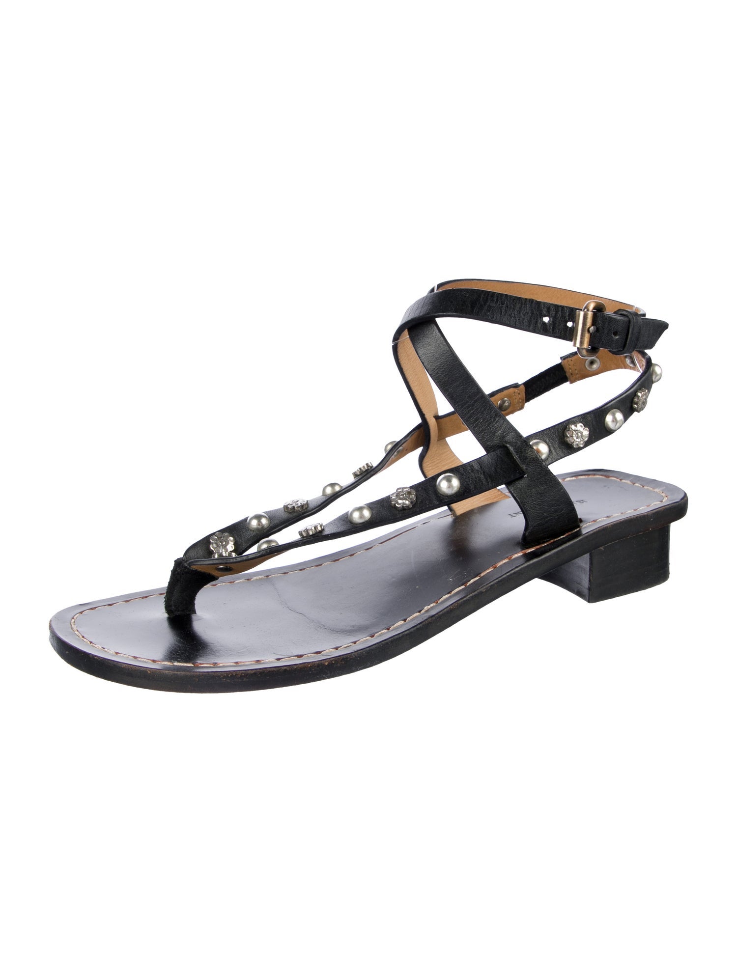 Isabel Marant Leather Studded Accents T-Strap Sandals